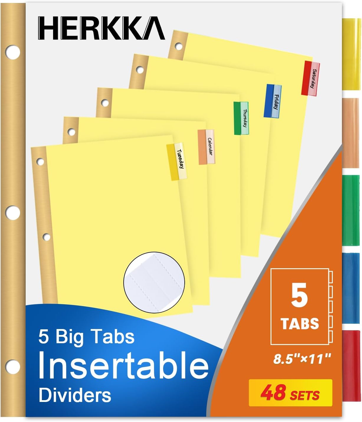 5-Tab Binder Divider, HERKKA 240 Pack Binder Index Dividers with 5 Insertable Multicolor Big Tabs, Paper with Gold-Reinforced Holes Letter Size, Yellow, 1/5-Cut Tabs