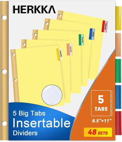 5-Tab Binder Divider, HERKKA 240 Pack Binder Index Dividers with 5 Insertable Multicolor Big Tabs, Paper with Gold-Reinforced Holes Letter Size, Yellow, 1/5-Cut Tabs