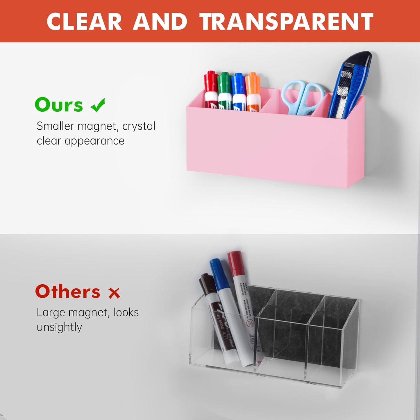 Magnetic Dry Erase Marker Holder, Acrylic Magnet Pen Holder for Whiteboard, Refrigerator, Magnetic Fridge Organizer for Office, Classroom, Whiteboard Maker Holder, Locker Organizer