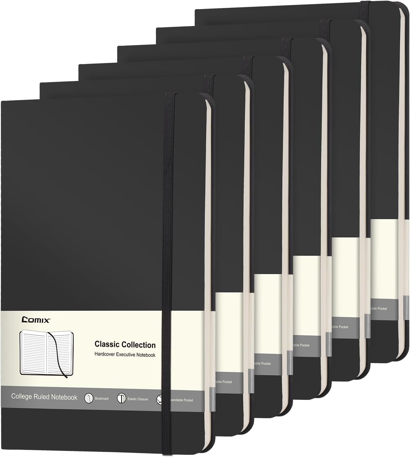 Comix 6 Pack Lined Journal Notebooks for Work, 240 Pages, 5.5"x8.3", Black, Hardcover, A5 Medium College Ruled, Journaling Notebooks for Notes-Taking, Fits for Office School Home