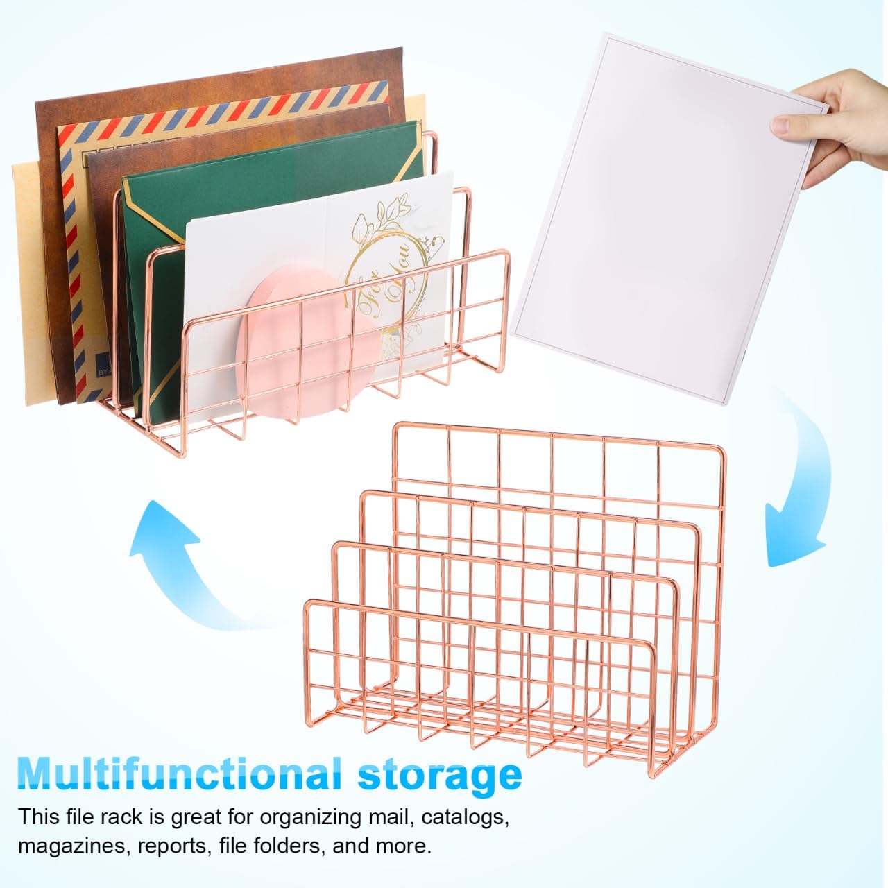 File Holder for Desk: No Wobbling 3 Slots Magazine Holder Office Desktop File Sorter Organizer for Folders Binders, Rose Gold