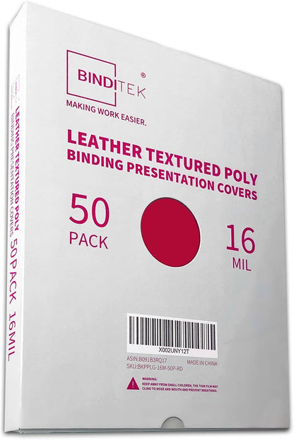 Binditek 100 Pack 16 Mil Leather-Textured Heavyduty Polycovers, Plastic Binding Presentation Covers, Letter Size, 8-1/2 x 11", Square Corners, Un-Punched, Black