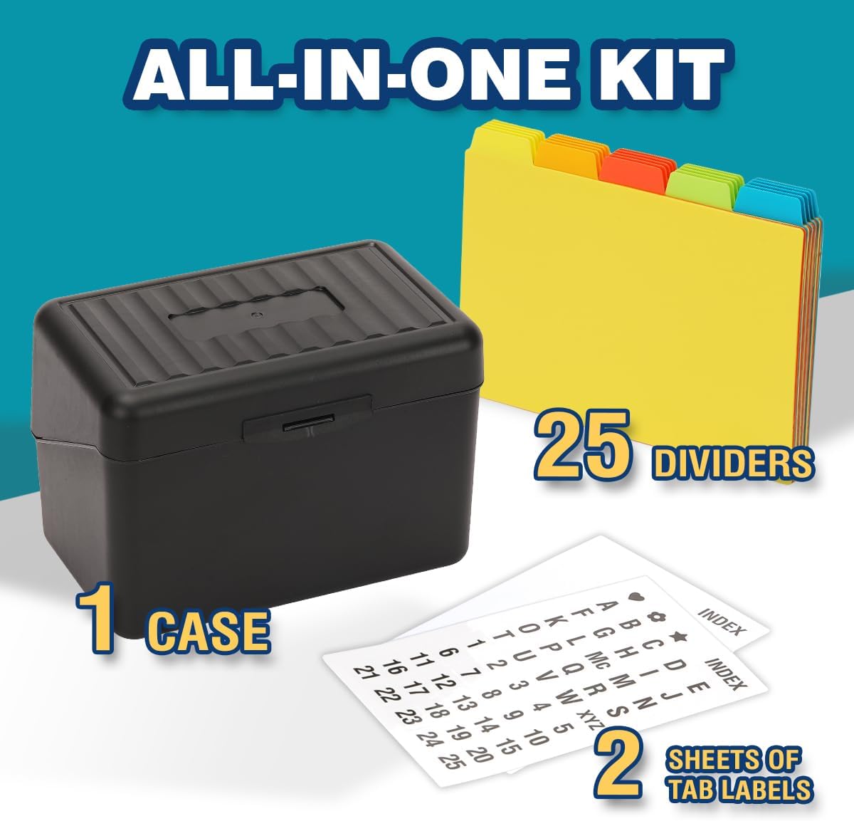 H4D Index Card Holder 3x5 Inches with 25 Plastic Dividers, Black