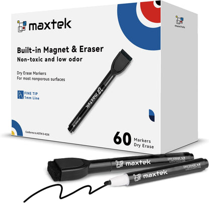 maxtek Magnetic Black Dry Erase Markers, 6 Count Fine Tip Whiteboard Markers with Eraser, Thin Markers Low Odor for Classroom, Office, Home