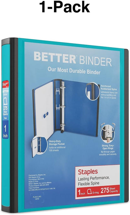Staples Better Binder 2-Inch D-Ring View Binder, Reinforced Spine, Holds Up to 540 Sheets, Teal, for Office & School