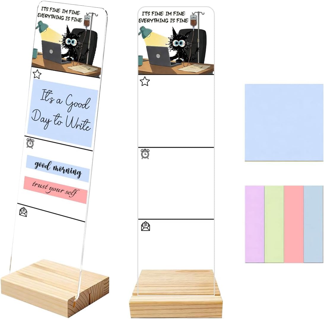 Sticky Notes Monitor Memo Board Acrylic Note Holder with Removable Wooden Base, Everything is Fine Logo Desk Set Includes 200 Sheets Two Sizes Sticky Notes, Office Desk Accessories Organizer