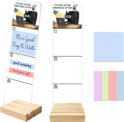 Sticky Notes Monitor Memo Board Acrylic Note Holder with Removable Wooden Base, Everything is Fine Logo Desk Set Includes 200 Sheets Two Sizes Sticky Notes, Office Desk Accessories Organizer
