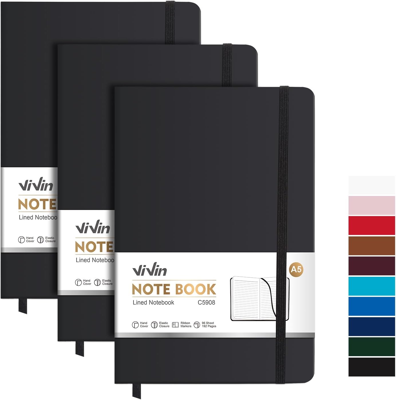 ViVin Lined Journal Notebooks for Work, 192 Pages, Medium 5.5 x 8.3 inch, College Ruled, A5 Hardcover Journaling Notebooks for Writing, 8 Pack Bulk,Black