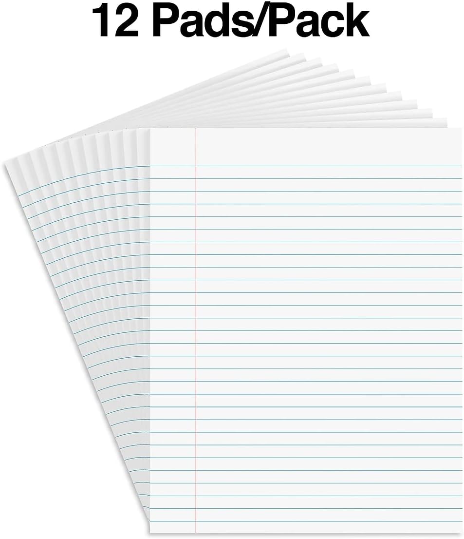 STAPLES Notepads, 8.5” x 11”, Wide Ruled, White, 50 Sheets/Pad, 12‑Pack