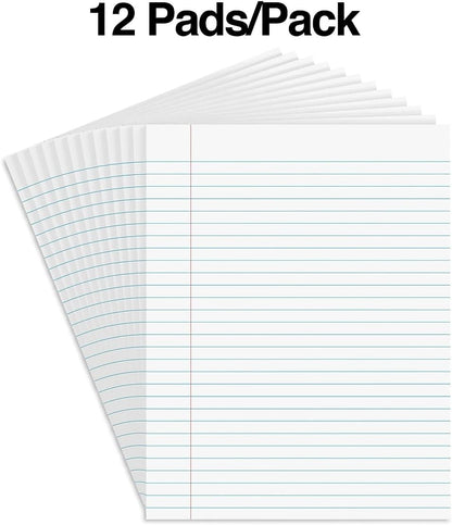 STAPLES Notepads, 8.5” x 11”, Wide Ruled, White, 50 Sheets/Pad, 12‑Pack