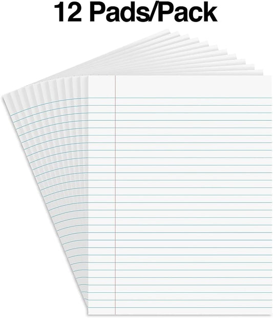 STAPLES Notepads, 8.5” x 11”, Wide Ruled, White, 50 Sheets/Pad, 12‑Pack