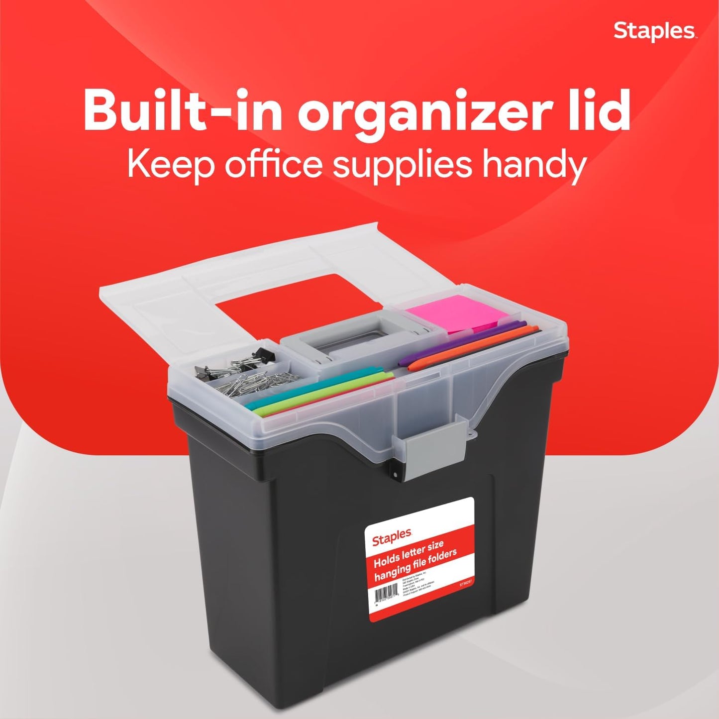 STAPLES File Folder Tote, Portable Filing Box for Letter SIze Hanging Folders, Security Latch & Built-In Lid Organizer, Black/Clear