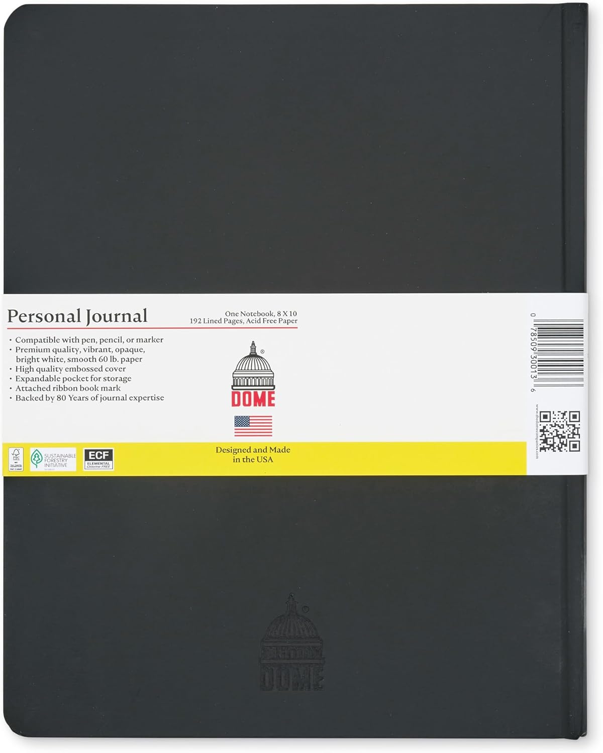 DOME Personal Journal – 8 x 10 Inch Hardcover Lined Journal Notebook, 192 Pages, Black, Premium Acid-Free 60-lb Thick Paper, Inner Pocket, Made in USA