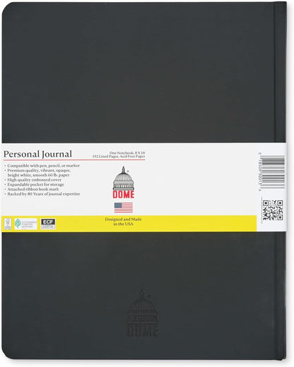 DOME Personal Journal – 8 x 10 Inch Hardcover Lined Journal Notebook, 192 Pages, Black, Premium Acid-Free 60-lb Thick Paper, Inner Pocket, Made in USA