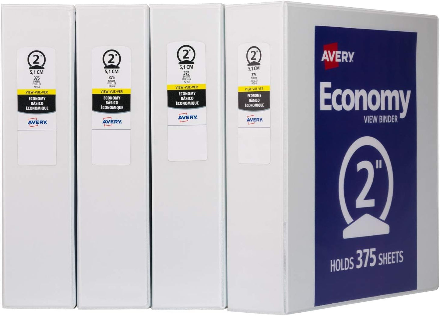 Avery Standard View 3 Ring Binders, 1.5" Round Rings, 275-Sheet Capacity, 2.1 Inch Wide Spine, White Binders, Ideal for Lightweight Organization and Occasional Referencing (4-Pack of 19201)