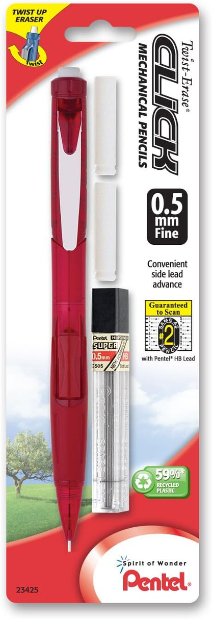 Pentel Twist Erase Click Automatic Pencil with 2 Eraser Refills and Lead, 0.9 mm, Assorted Barrels, Color May Vary, 2 Pack (PD279TLEBP2)