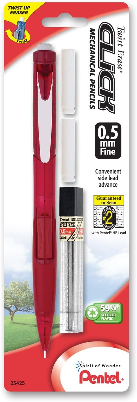 Pentel Twist Erase Click Automatic Pencil with 2 Eraser Refills and Lead, 0.9 mm, Assorted Barrels, Color May Vary, 2 Pack (PD279TLEBP2)