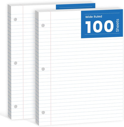 Loose Leaf Paper, 300 Sheets Filler Notebook Paper, 3-Hole Punched Binder Papers 8-1/2 x 11 In, Wide Ruled Lined Paper 8.5 x 11 for 3 Ring Binder, White, 3 Pack, 100 Sheets/Pad