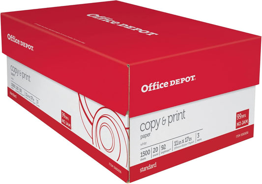 Office Depot® Copy And Print Paper, Ledger Size (11" x 17"), 92 Brightness, 20 Lb, Ream of 500 Sheets, Case of 3 Reams