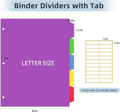 3 Ring Binder Dividers with Tabs - 5-Tab Plastic Dividers for 8.5x11 Binders, Reusable Write & Erase Tabbed Dividers | Rainbow Color 3 Sets, School Classroom Organizer