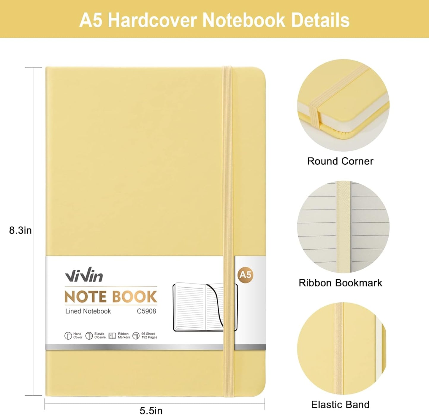 ViVin Lined Journal Notebooks for Work, 192 Pages, Medium 5.5 x 8.3 inch, College Ruled, A5 Hardcover Journaling Notebooks for Writing, 8 Pack Bulk,Black