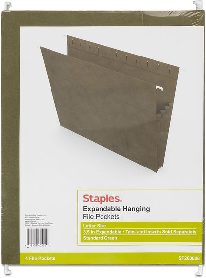 Staples Hanging File Pockets, Letter Size, 3.5" Expansion, Straight‑Cut, Standard Green – 4/Box