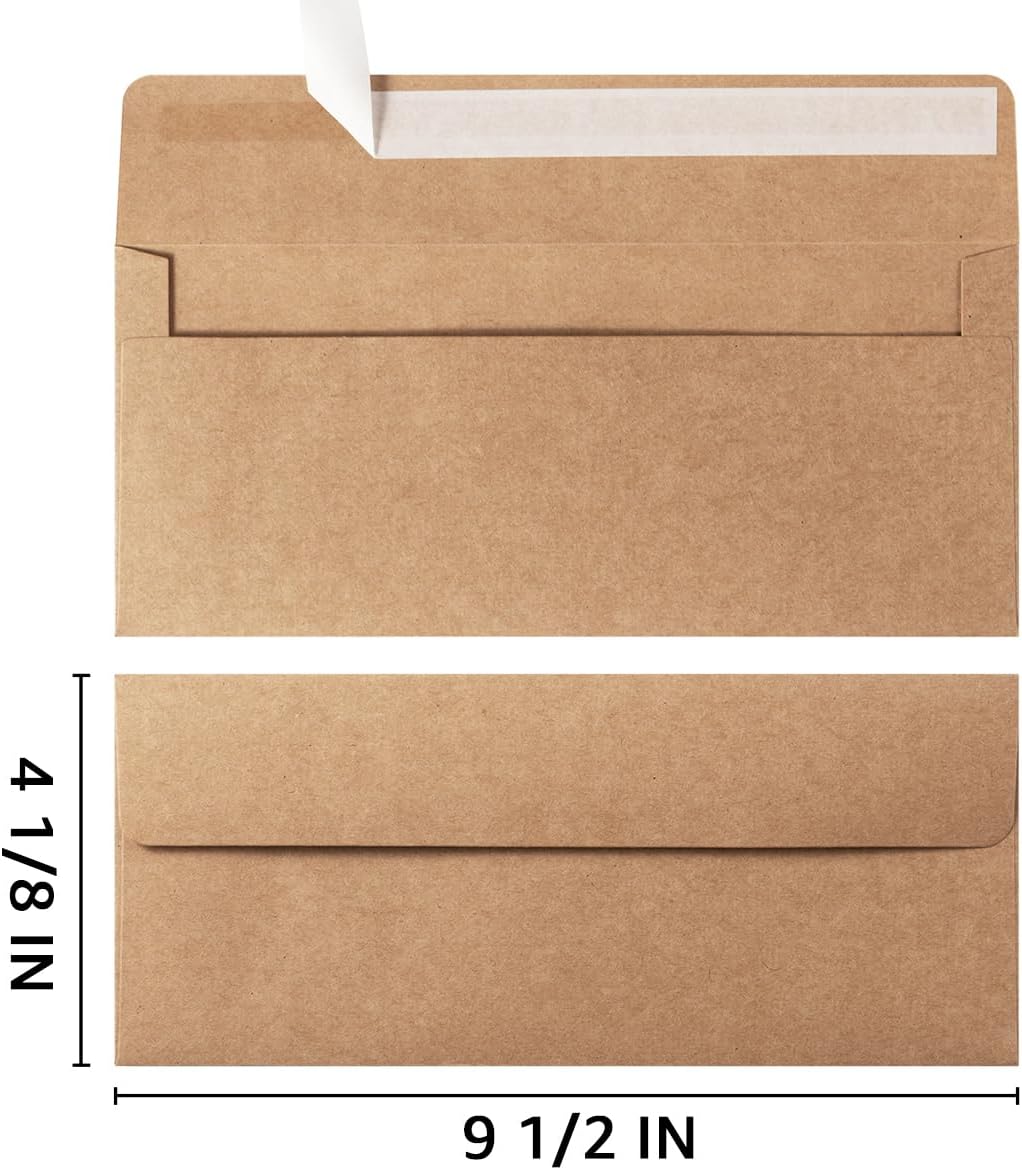 100 Pack Colorful #10 Business Envelopes Self Seal Standard Envelopes for Office Checks, Business, Letter Mailing Invoices, 4.13 x 9.49 Inches (Brown)