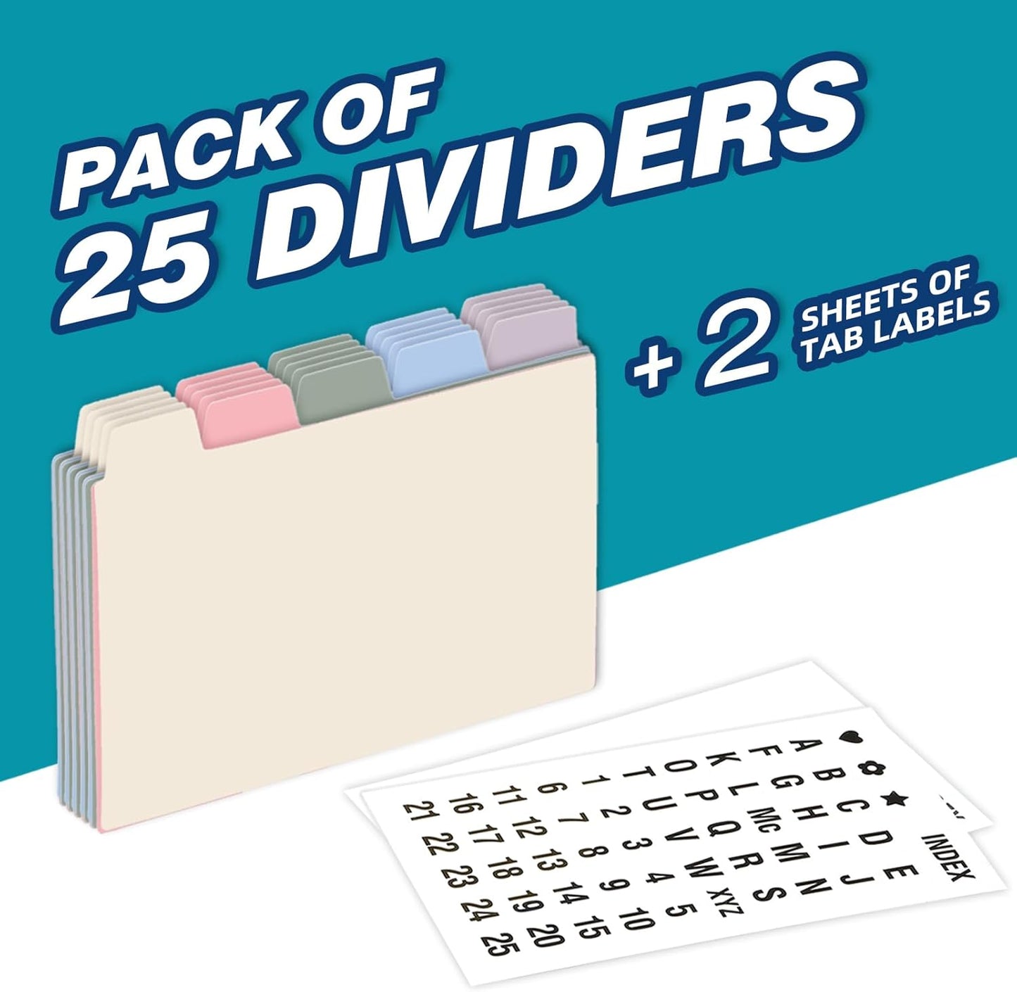 Chell 4x6 Plastic Index Card Dividers, Heavyweight Poly Index Card Guides A-Z for Flash Cards and Recipe Cards, with Alphabetical/Blank Stickers, Pack of 25