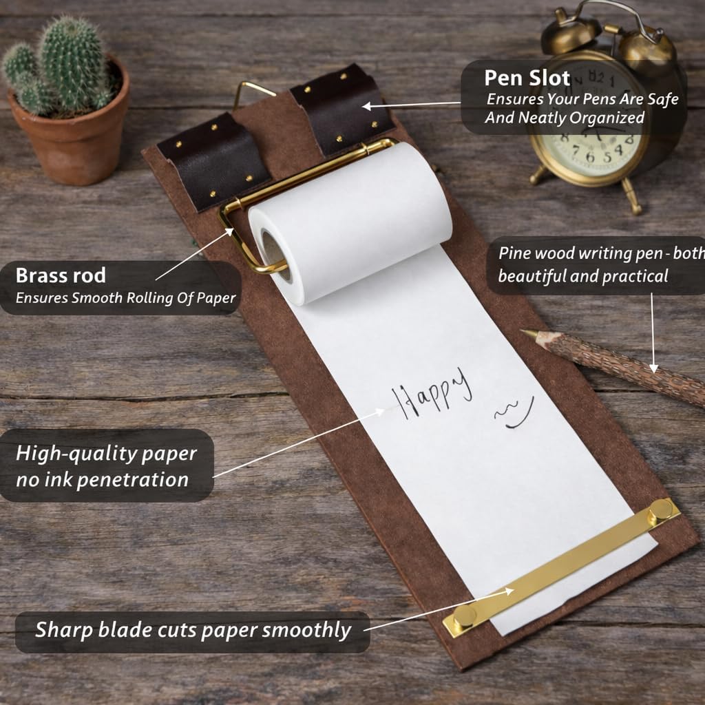 Retro Wall Mounted Memo Board with 1 Natural Dark Green Roll – Rustic Clipboard Notepad, Tearable Writing Pad for Notes, Menu, Kitchen, Café and Home Office Decoration