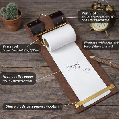 Retro Wall Mounted Memo Board with 1 Natural Dark Green Roll – Rustic Clipboard Notepad, Tearable Writing Pad for Notes, Menu, Kitchen, Café and Home Office Decoration