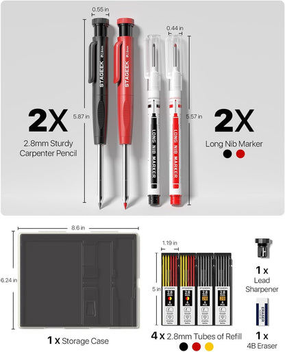 Carpenter Pencils with Sharpener, 2.8mm Mechanical Pencil Set with 26 Refills, Waterproof Deep Hole Long Nib Marker for Architect Marking, Heavy Duty Woodworking Tools for Construction Electricians