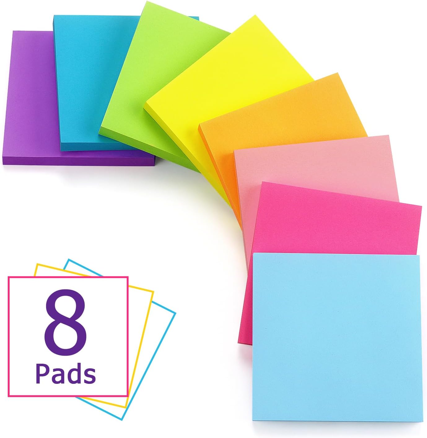 Pop Up Sticky Notes 3x3 inch, 8 Bright Multi Colors,Accordion Self-Stick Notes, Purple Sticky Notes 8 Pads 80 Sheet/Pad