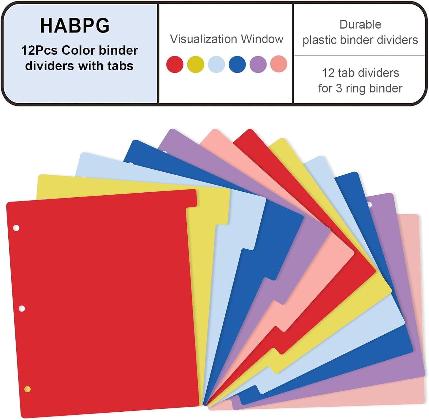 HABGP 12 Tab Dividers for 3 Ring Binder, 12 Pcs Multicolor 3 Ring Binder Dividers with Tabs, Page Folder Dividers, Plastic Tabbed File Dividers with Tabs, Three Ring Binder Index Dividers, 1 Set