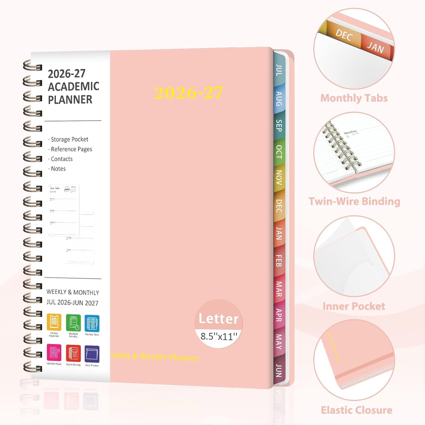 Planner 2026-2027, Weekly and Monthly Academic Year Calendar Planner, July 2026 - June 2027, Daily Agenda Book for Office School Supplies, A5(6.3'' x 8.5'')