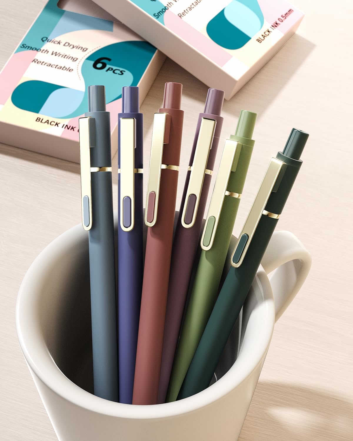 SUNEE Gel Pens, 6 Pack 0.5mm Pens Fine Point Smooth Writing Pens with Quick-Dry Black Ink, Cute Aesthetic School Office Note-Taking Pens for Journaling - Morandi