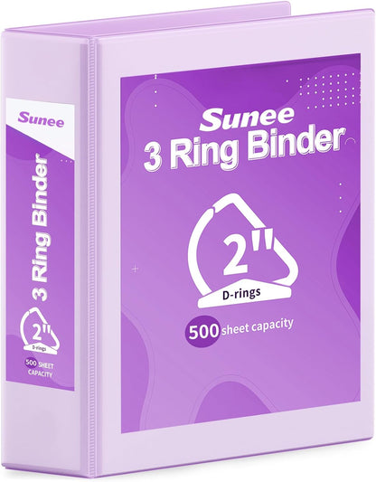 SUNEE 3 Ring Binder 2 Inch, Clear View Binder Three Ring PVC-Free (Fit 8.5x11 Inches) for School or Office Supplies, Light Purple, 1 Pack
