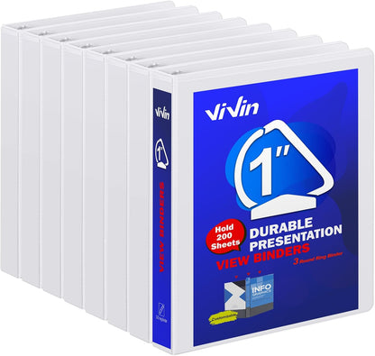 3 Ring Binder 1-1/2 Inch, ViVin Sturdy 1.5"-Slant D Ring Binder with 2 Interior Pockets, Clear View Cover, PVC-Free, Fits 350 Sheets of US Letter Size Paper (6 Pack, White)