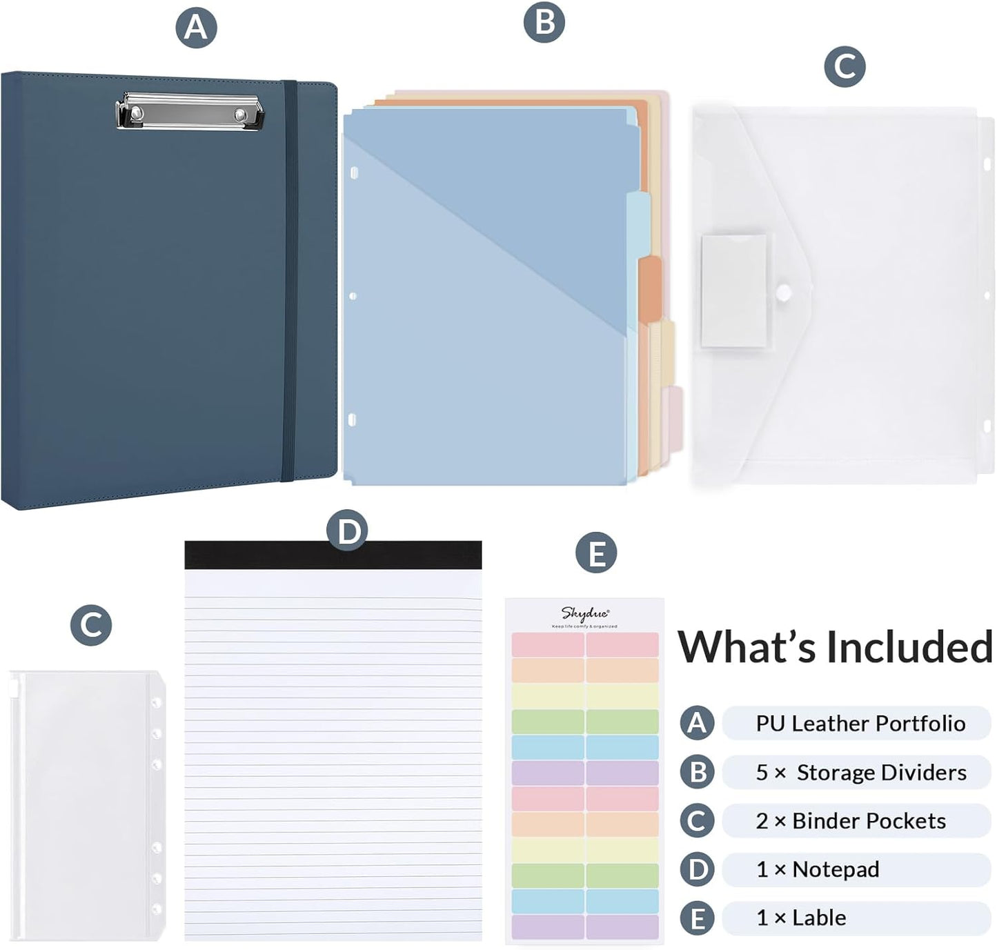 SKYDUE 3 Ring Binder with Clipboard,1 Inch Binder, 13.2" × 10.2" PU Clipboard Binder with Notepad & 5 Dividers with 5 Pockets, Labels, Clipboard Folder Great for School Office(Fit Letter Sized Paper)
