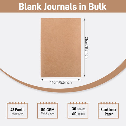 EOOUT 24 Pack Blank Kraft Notebooks, A5 Journals Notebook Bulk, Unlined Paper Sketchbooks, 8.3x5.5in 60 Pages Travel Journal Set for Journaling, Student, Kids, Writing