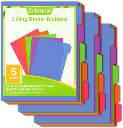 Cute 5 Tab Binder Dividers with Tabs, Write&Erase Plastic Dividers for 3 Ring Binder, Multicolor, Ring Binder Dividers with Tabs for School Office,6 Sets(30pcs)