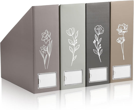 AmazingSpark Set of 4 Boho Floral Magazine File Holder Decorative Foldable Magazine Storage Boxes with Acrylic Label Holders Coquettish Boho Organizer for Office Home Organization Storage