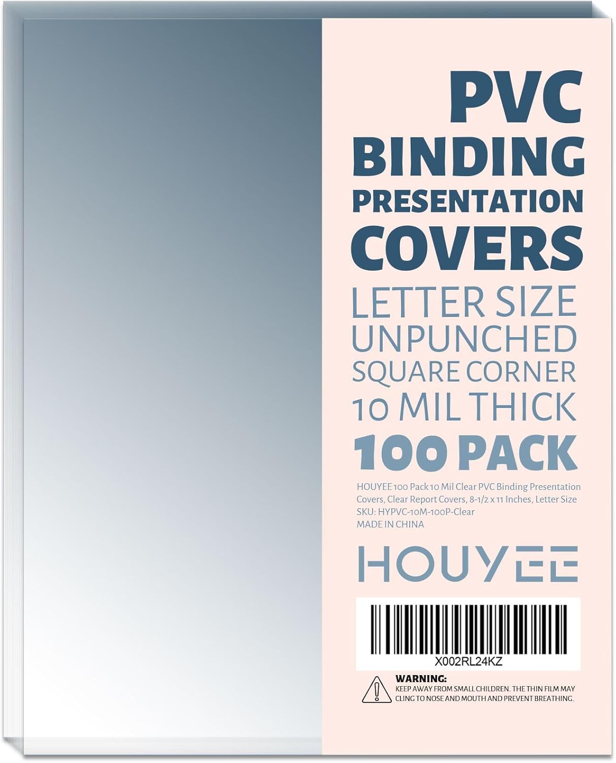 HOUYEE 100 Pack10 Mil Clear Binding Presentation Covers, PVC Report Cover Sheets for Binding, Square Corner, 8.5 x11 Inches, Letter Size