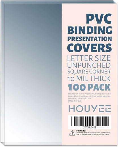 HOUYEE 100 Pack10 Mil Clear Binding Presentation Covers, PVC Report Cover Sheets for Binding, Square Corner, 8.5 x11 Inches, Letter Size