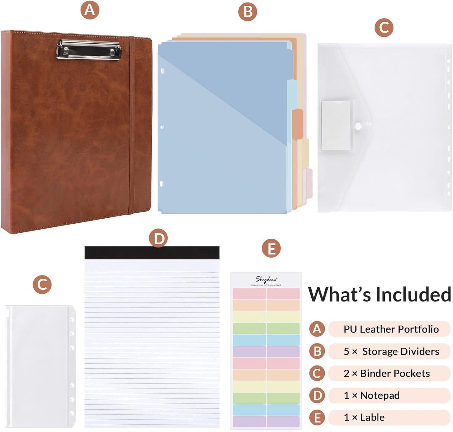 SKYDUE 3 Ring Binder with Clipboard,1 Inch Binder, 13.2" × 10.2" PU Clipboard Binder with Notepad & 5 Dividers with 5 Pockets, Labels, Clipboard Folder Great for School Office(Fit Letter Sized Paper)