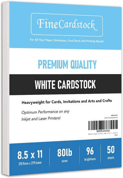 White Thick Paper Cardstock - for Business Card, Art, Invitations, Stationary Printing | 80 lb Card Stock | 8.5 x 11 inch | Heavy Weight Cover Stock (216 gsm) | 8 1/2 x 11 | 50 Sheets Per Pack