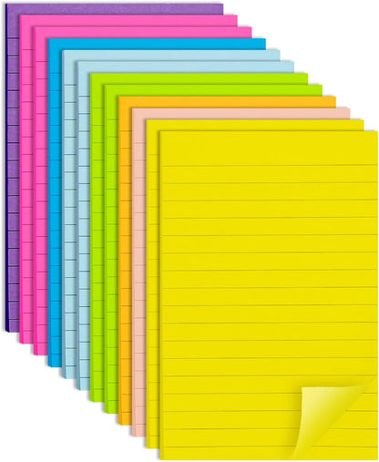 12 Pack Lined Sticky Notes, 3x3 Inch & 4x6 Inch, Ruled Self-Stick Memo Pads, Sticky Notes for Writing, to-Do Lists, Office, School, Home (Neon, 4x6 in)