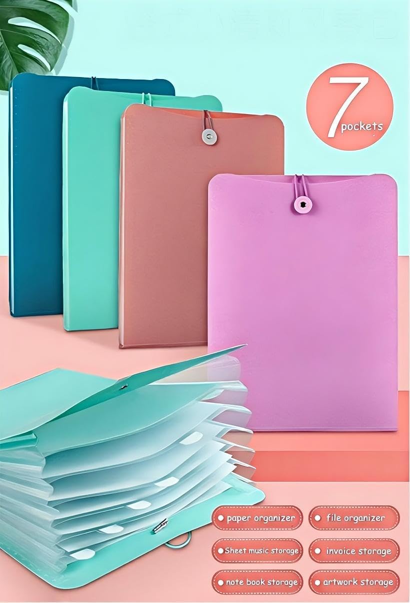 Vertical Expanding Accordion Folder with 7 Pockets Paperwork Organizer Document Wallet Briefcase Business File Organizer Bag A4 Letter Size Elastic Rope Closure Light Blue