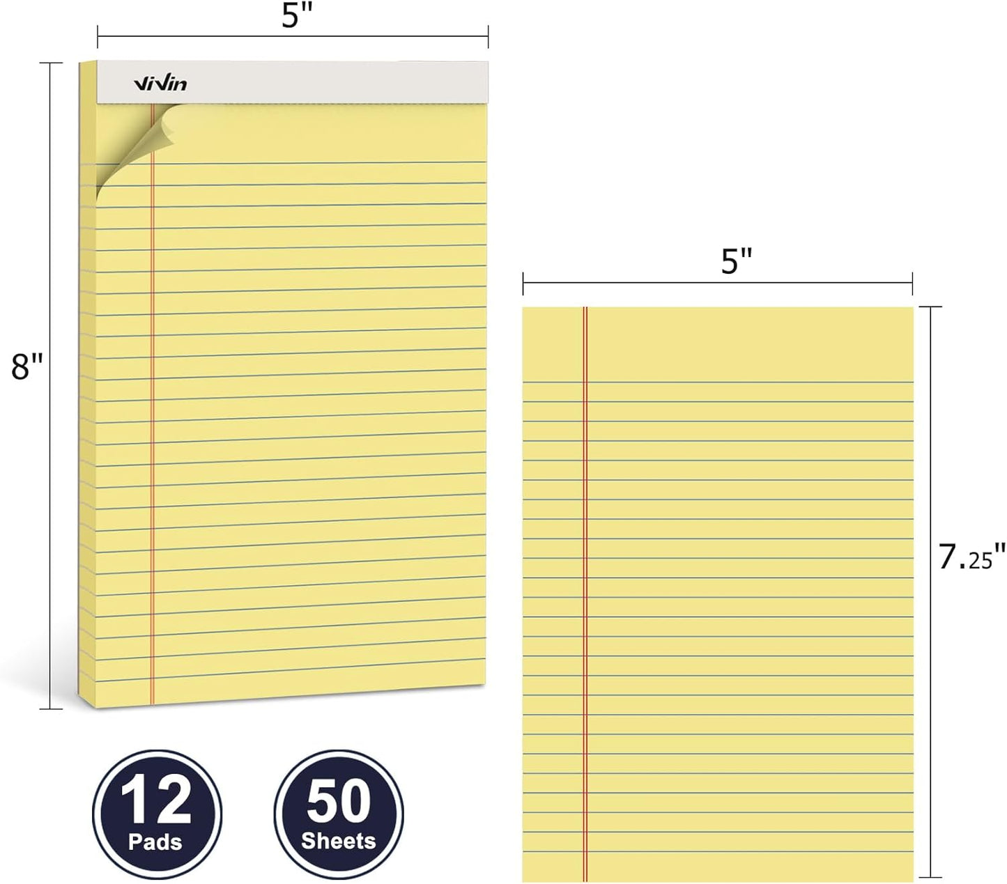 ViVin Legal Pads 8.5 x 11 Inch, Wide Ruled Note Pads, 12 Pack, 50 Sheet/Pad, Perforated Writing Pads, Notepads for Office Home School, 600 Sheets, White Paper