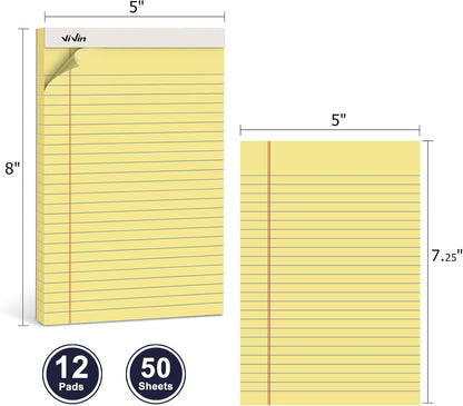 ViVin Legal Pads 8.5 x 11 Inch, Wide Ruled Note Pads, 12 Pack, 50 Sheet/Pad, Perforated Writing Pads, Notepads for Office Home School, 600 Sheets, White Paper
