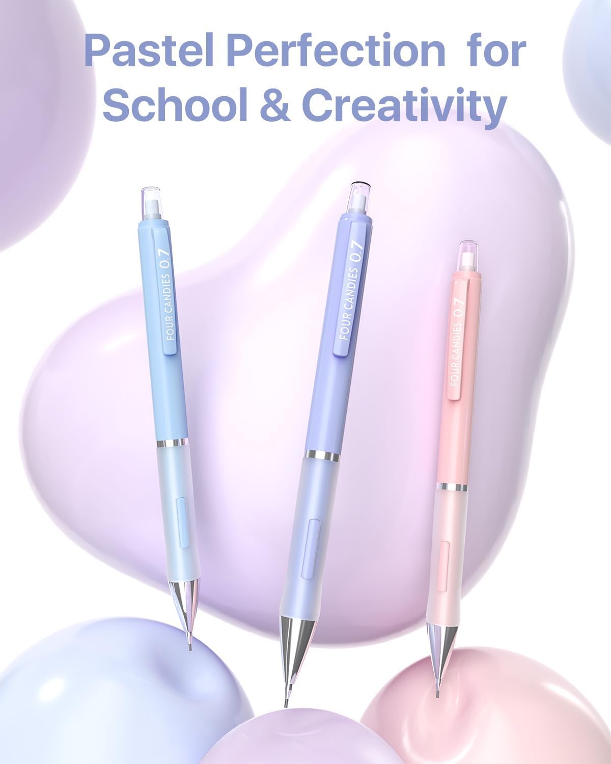 Four Candies Cute Mechanical Pencils 0.7mm, Pencil Set with 360PCS Lead Refills & Pastel Erasers, School Supplies with Case